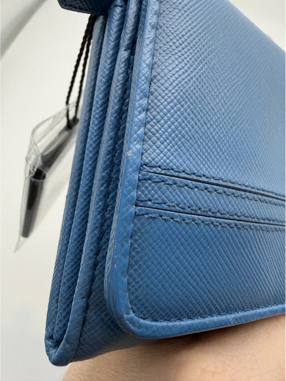 Authentic PRADA Blue Saffiano Leather Women Long Wallet Bow COA
